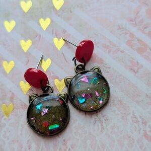 Colorful Cat Ear Earrings with Red Accents